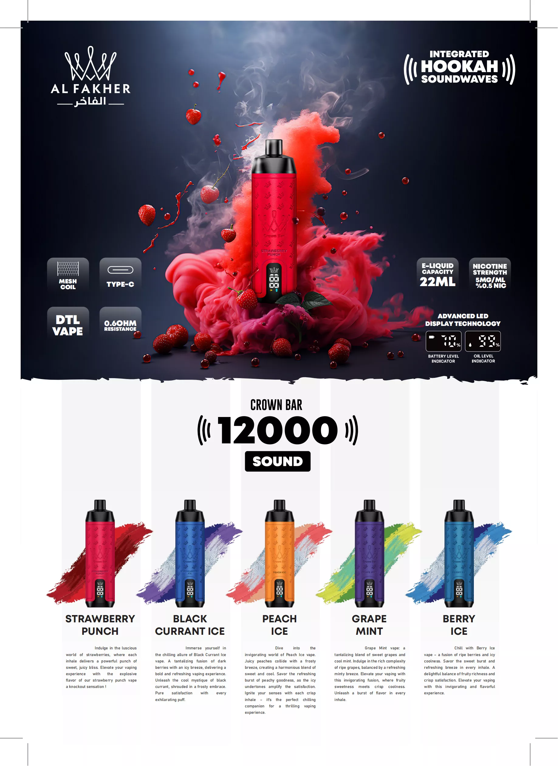 Depozitul European Al Fakher Crown Bar 12000 Puffs 0.5% Nicotină Scăzută Cumpărați Vape Pen Reîncărcabil Monousor Original Autentic